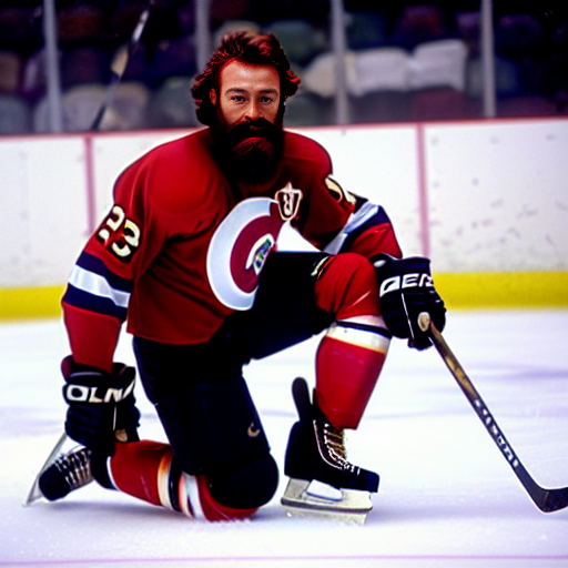 Man wearing a red hockey uniform kneeling on an arena's ice while holding a hockeystick